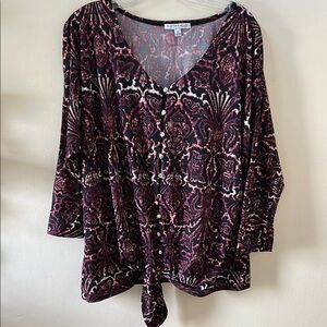 Notations Red and Black 3/4 Sleeve Tie Front Blouse